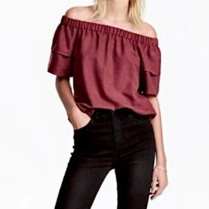 Off the Shoulder Boho Maroon Chambray Style Blouse Size 8